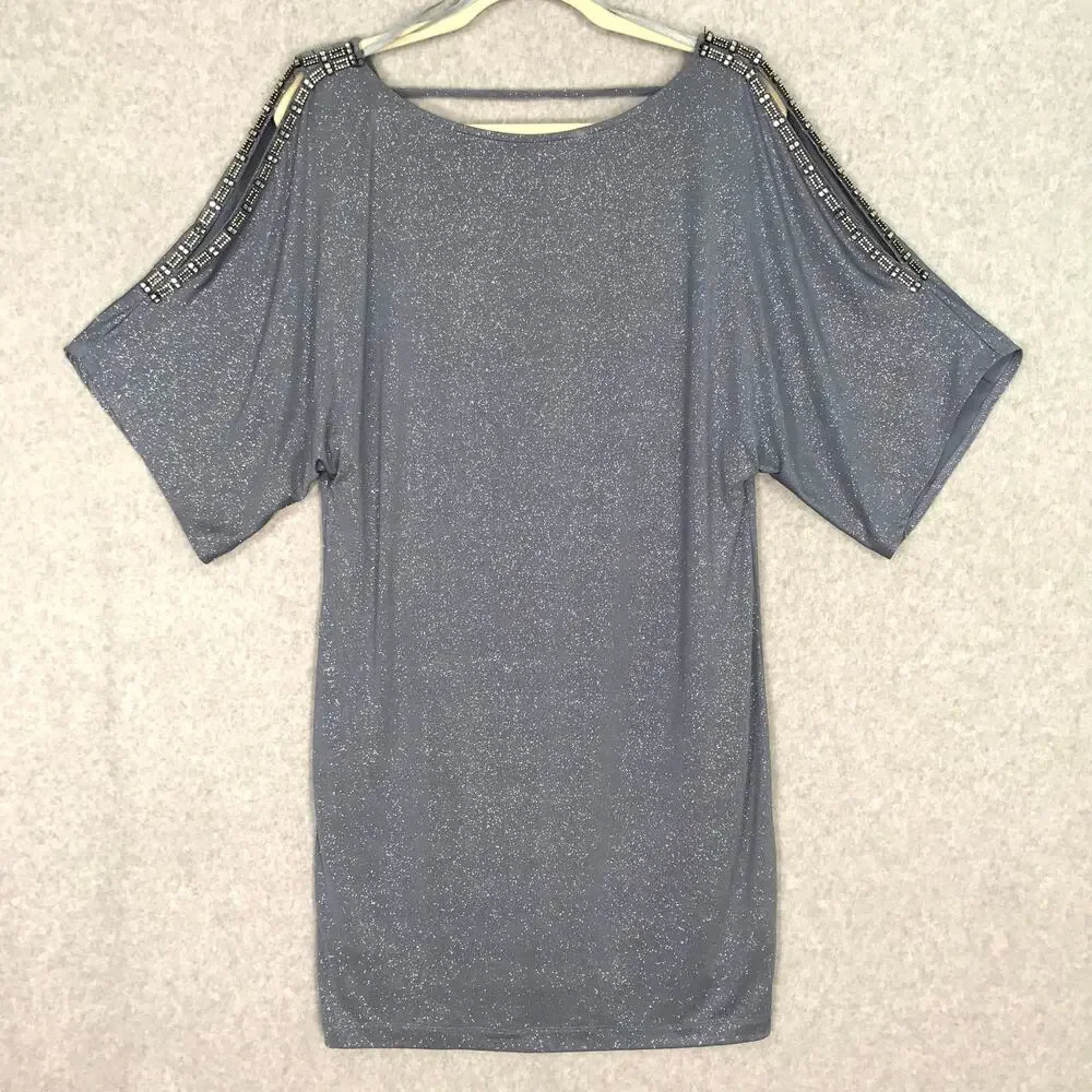 Cachet Dress Women 8 Gray Mini Drape Cape Back Glitter Rhinestone Cocktail Party - Picture 2 of 11